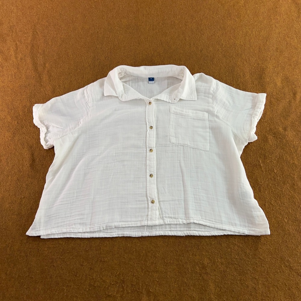 Old Navy Womens XL White Cotton Gauze Button Front Pocket Blouse Top New